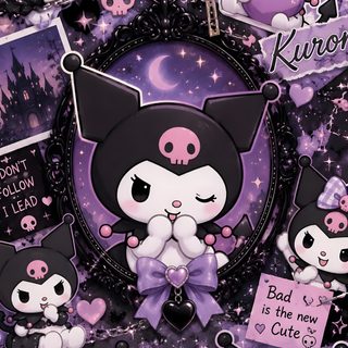 a bunch of stickers that are on top of each other in purple and black Halloween Kuromi Aesthetic Purple Vibe, Y2k, Hello Kitty Backgrounds, Room Posters, dark slate gray