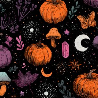 a black background with orange and purple pumpkins, mushrooms, leaves, butterflies and stars Halloween Colors Dark Background Aesthetic, Spooky, Cute Halloween Backgrounds, Halloween Backgrounds, black
