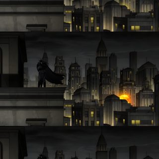 an animated scene of batman flying over the city at night with buildings in the background Batman The Long Halloween 2 The Long Halloween, Batman Long Halloween, Batman The Long Halloween, black