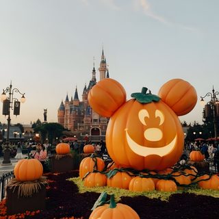 mickey mouse pumpkins with faces carved into them in front of disney's castle Walt Disney World Halloween Disneyland Fall, Disney World Fall, Disneyland Halloween, peru