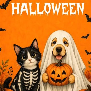 a cat and dog dressed up in halloween costumes sitting next to each other with pumpkins on the ground Cute Dog And Cat Halloween dark orange