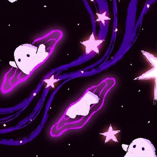 the space is filled with stars and ghost like creatures in purple, black and white colors Halloween Space Purple Background Ghost Art, Space Ghost, Cute Space Aesthetic Art, Cute Purple Ghost, black