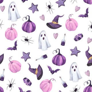 watercolor halloween seamless pattern with ghost and pumpkins Halloween Bats And Pumpkins - Lilac Halloween Backgrounds Purple, Halloween Patterns, Cute Purple Halloween Background, white
