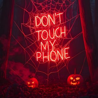 two carved pumpkins sitting in the middle of a forest with words don't touch my phone Lock Screen Lock Screen Aesthetic Halloween Iphone Halloween Iphone Lock Screen, Scary Halloween Phone Backgrounds, Lock Screen Scary For Iphone, black