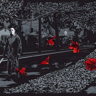 a man standing in the middle of a street surrounded by red flowers and leaves, Halloween 2018 Michael Myers Horror Macbook, Horror Horizontal, Horror Laptop, black