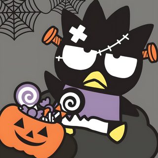 a cartoon penguin is holding a candy in a halloween pumpkin basket with a spider on it Badtz Maru Halloween Badtz Maru, Halloween Iphone, Halloween, Kawaii Halloween, Sanrio, olive drab