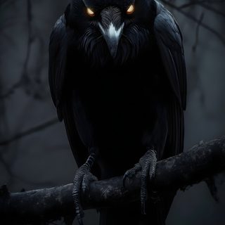 a black bird with yellow eyes sitting on a branch in the dark night time, Halloween Raven Night Forest Raven, Raven With Red Eyes, Dark Crow, Black Bird With Red Eyes,