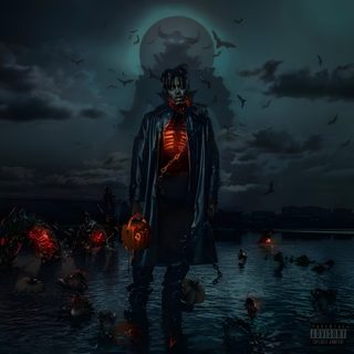 a man standing in the water at night with his hands on his hips and head glowing Halloween Juice Wrld Travis Scott Spider, Lil Uzi Vert Demon, Juice Wrld Anime Album Cover, black