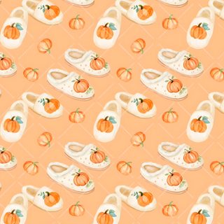 an orange and white pattern with baby shoes, pumpkins, and leaves on it Halloween Retro Shoes With Pumpkins burlywood