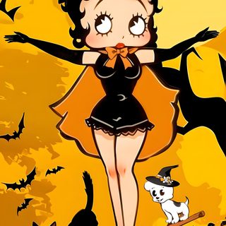 a cartoon girl dressed as a witch on a broom with a cat and pumpkins in the background Betty Boop Halloween Classic Halloween Cartoons, Old Halloween Cartoon, 90s Halloween Cartoons, orange