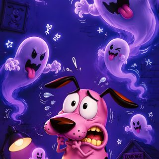 a cartoon dog is surrounded by ghost heads Cartoon Network Halloween Courage The Cowardly Dog Aesthetic, Courage The Cowardly Dog, Anime Shirt Drawing, indigo