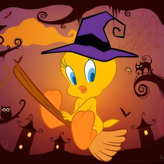 a yellow bird with a witches hat holding a bat Tweety Bird Halloween Scary Tweety, Tweety Bird Pumpkin Painting, Tweety Bird Pumpkin, saddle brown