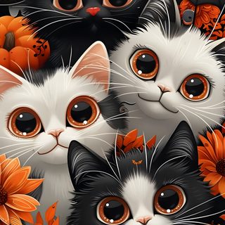 a group of black and white cats surrounded by pumpkins, flowers, and bats Halloween Cats Cute Halloween With Cats, Halloween Kitty, Black Cat And Pumpkin, saddle brown