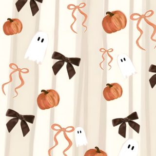 halloween wallpaper with pumpkins, ghost and bow ties on white striped paper background Slay Halloween antique white