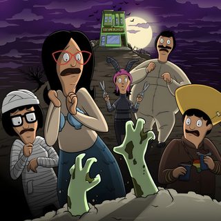 cartoon characters standing in front of a house with zombie hands on it's face Bobs Burger Halloween Bobs Burgers Halloween, Bobs Burgers Christmas Meme, Bobs Burgers Crossover, dark slate gray
