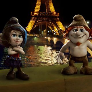 two cartoon characters standing next to each other in front of the eiffel tower Bing Halloween The Smurfs 2, Smurfs Movie, Brendan Gleeson, Evil Wizard, George Lopez, Fred Armisen, black