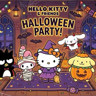 hello kitty and friends halloween party with pumpkins, jack - o'- lanterns and cats Sanrio Hello Kitty Halloween dim gray
