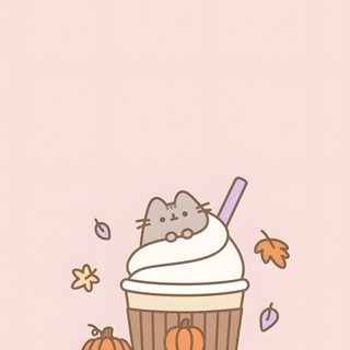a cartoon cat sitting on top of a cup filled with whipped cream and pumpkins Aesthetic Halloween Pusheen Halloween Iphone Backgrounds, Adorable Home Game, Pusheen Cute, misty rose