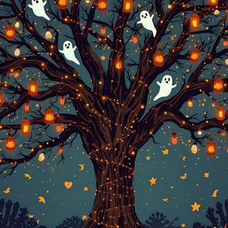 a tree with pumpkins and ghost faces on it, surrounded by jack - o - lanterns Halloween Tree Halloween Tree Pattern On Dark Background, The Halloween Tree Art, Holiday, dark slate gray