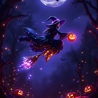 a witch flying through the air on her broom in front of pumpkins and trees Halloween Season Of The Witch Halloween Moon, Spooky Witch, Halloween Mobile, midnight blue