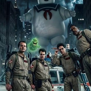 the ghostbus are standing in front of a car with two men pointing at something Ghostbusters Halloween dark slate gray