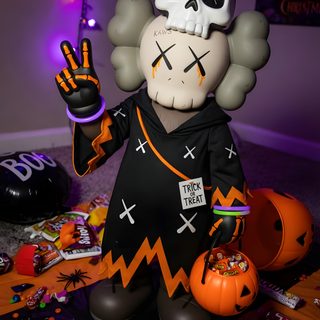 a halloween decoration in the shape of a skeleton with hands up and two jack - o'- lanterns Halloween Kaws Coding, Halloween, dark slate gray