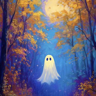 a painting of a white ghost in the middle of a forest with trees and leaves Halloween Ghost Tree Happy Halloweeen, Art Halloween, Spooky Art Background Ideas, dark slate gray