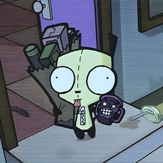an animated character is standing in front of a table with items on it and looking at the camera Invader Zim Halloween Gir Invader Zim Pfp, Gir From Invader Zim, Invader Zim Characters, slate gray