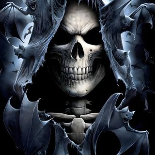 a skeleton with bats around it's neck Halloween Skull And Bat Vampire Skull, Grim Reaper With Skulls, Grim Reaper Skull, Gothic Skull And Bat, black
