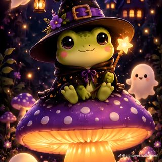 a cute little witch sitting on top of a mushroom in the middle of some pumpkins Cute Halloween Frog dark slate gray