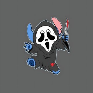 a cartoon character with a knife in his hand and an evil face on it's chest Stitch Halloween Ghostface Cute Stitch Halloween Aesthetic, Aesthetic Cute Halloween Stitch, Aesthetic Halloween Stitch, dim gray