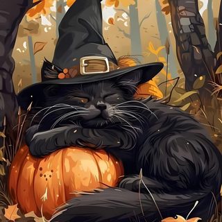 a black cat wearing a witches hat sitting on top of a pumpkin in the woods Halloween Witch Cat Autumn Gothic, Halloween Cats Art, Halloween Cat Art, Cat On A Pumpkin, dark olive green