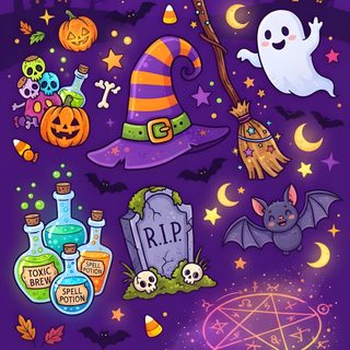 an image of halloween items on a purple background Halloween Cartoon Toss indigo