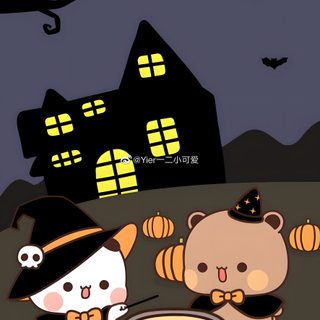two bears dressed up as witches and pumpkins in front of a house at night Bubu Dudu Halloween Mocha And Milk Bear Matching Pfp Halloween, Milk And Mocha Matching Icons Halloween, Milk And Mocha Bear Halloween, dark slate gray