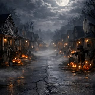 a dark street with lots of pumpkins on the ground and houses in the background Old Scary Horror Halloween dark slate gray