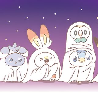 some cartoon characters are lined up in the same line and one is wearing a ghost costume Pokemon Halloween Computer rosy brown