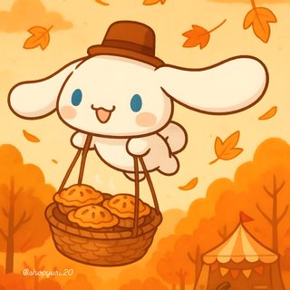a cartoon bunny holding a basket full of pumpkin pies in an autumn scene with falling leaves Cinnamon Roll Halloween Hello Kitty Items, Hello Kitty, Kitty, sandy brown