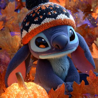a stuffed animal wearing a knitted hat and holding a pumpkin in front of fall leaves Cute Stitch Halloween Stitch Fall, Stitch Fall Iphone, Autumn Stitch, Thanksgiving Stitch, saddle brown