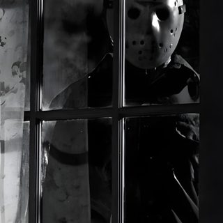 a person wearing a mask is looking out the window at something in front of them Halloween Jason Voorhees Jason Voorhees Scary, Jason Voorhees Creepy, Jason Voorhees Scary Pictures, black