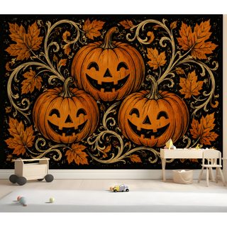 three carved pumpkins with leaves and swirly vines on a black background wall mural Halloween Pumpkin For Walls Contact Paper Wall, Paper Wall Decor, Accent, The Holiday Aisle, sienna