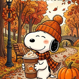 a snoopy dog holding a cup of coffee in the park with autumn leaves around it Snoopy Halloween 4k chocolate