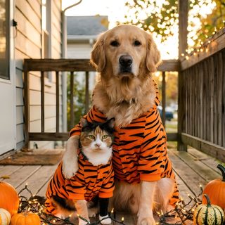 a dog and cat dressed up for halloween sitting on the front porch with pumpkins Cute Dog And Cat Halloween sienna