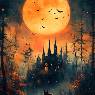 a painting of a cat sitting in front of a castle with bats flying over it Vintage Halloween- Bobcats Castle Halloween Cat Background, Haunted Cat, Spooky Cats And Moons, dark slate gray