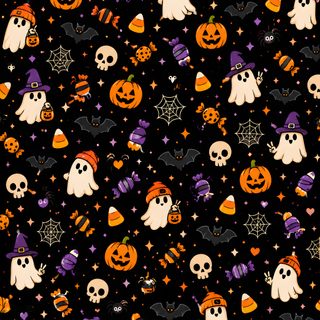 a black background with halloween pumpkins and ghost heads on it's sides, all in different colors Halloween Pattern Seamless black