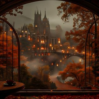 an image of a castle out in the woods at night with candles and books on the table Halloween Ambience Fall Windows, Dark Autumn, Spooky Autumn Desktop, Witch Aesthetic Desktop, black