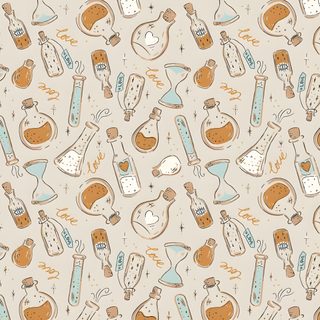 an image of seamless pattern with bottles and beakers on beige background stock photo Halloween Magic Potions Light Greysmall Potion Craft, Love Potion Pattern, Potions Background, gainsboro