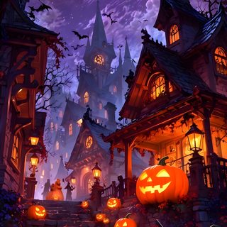 an image of a halloween scene with pumpkins on the steps and scary houses in the background Ios 26 Halloween Halloween, Halloween Cute, Haunted Village, Wow Halloween, dark slate gray