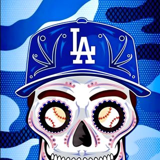 a baseball skull wearing a los angeles dodgers hat on a blue camo print background Dodgers Halloween La Dodgers Logo, La Dodgers Skull, La Dodgers Blue Background,