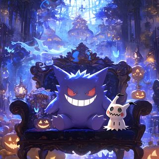 a cartoon character sitting on top of a bench in front of a room filled with pumpkins Ghost Pokemon Halloween Ghost Pokémon, Goth Pokemon, Pokemon Tcg Phone, Gengar And Mimikyu, dark slate gray