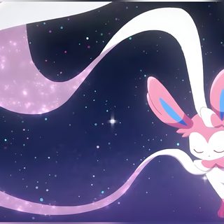 an animated image of a pink rabbit with stars in the background Halloween Sylveon Hd Sylveon Illustration, Espeon And Sylveon, Pokemon Slideshow Background, dark slate blue